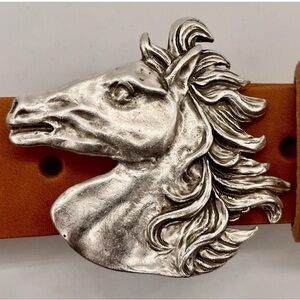 Silver Horse Head Buckle Tan Leather Belt with handmade leather belt.